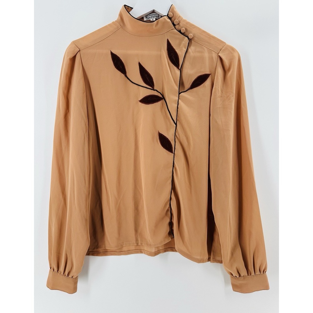 VTG 70s Campus Casuals Caramel Tan Blouse High Neck Velvet Appliqué Boho Q1023